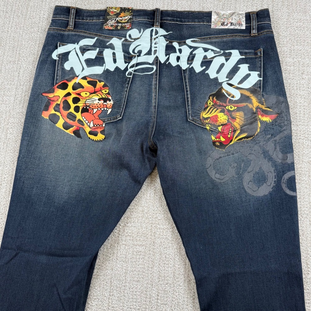 NEW Ed Hardy Mens 38x36 Med Blast Stacked Bootcut Tiger Stretch Blue Jeans